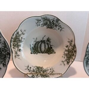 Maxcera Pumpkin Toile Green White Scalloped Rim Bowls Set of 3 Fall Harvest